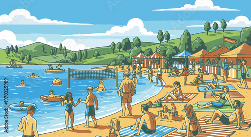 Illustration of people enjoying a sunny day at a lake beach with buildings and trees in the background under a blue sky with white clouds.