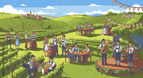 Illustration of a lively vineyard party with people socializing and musicians performing on a stage amidst lush green rows of grapevines under a sunny sky.