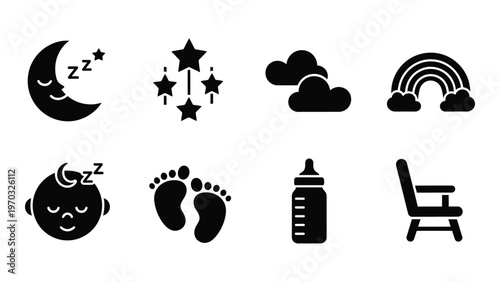 A collection of black silhouette icons depicts baby related items including sleep imagery toys and care essentials high quality professional detailed