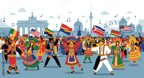 Illustration of diverse people dancing and waving international flags in front of a city skyline with iconic landmarks and musical notes in the air.