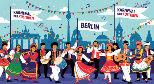 Illustration of people in traditional costumes dancing in front of a Berlin cityscape with a festive atmosphere and colorful decorations.