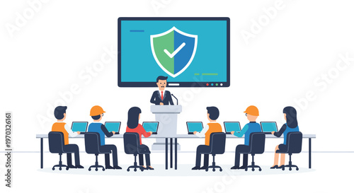 A presenter speaks at a podium to six laptop-using attendees in a meeting room with a large screen displaying a security shield.