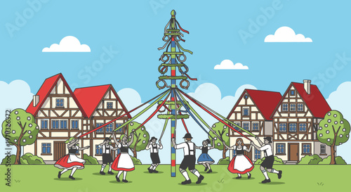 Illustration of people dancing around a maypole in traditional German clothing in a village with half-timbered houses under a blue sky with clouds.