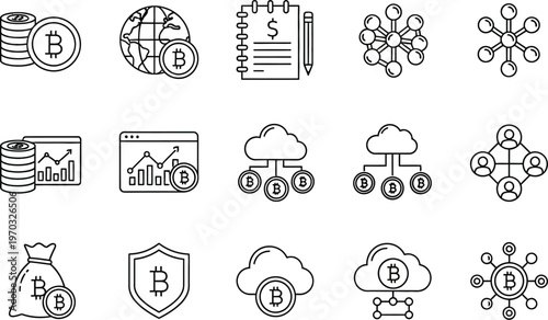 Digital currency icons depict Bitcoin's global financial network and secure transactions.