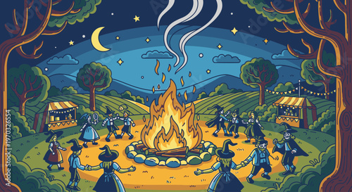 A group of people gathered around a campfire at night in a rural setting with trees and mountains in the background under a starry sky.
