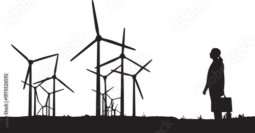 Silhouette of businesswoman with briefcase near wind turbines