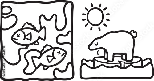 Two fish swimming in water and a polar bear on melting ice under the sun with north pole with climate change