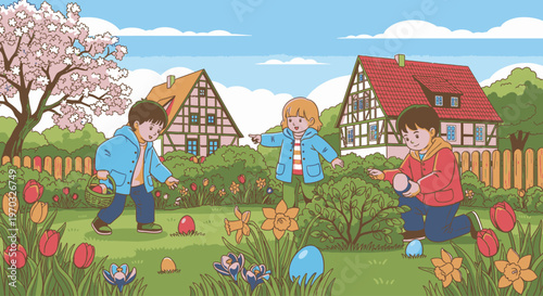 Three children playing and searching for Easter eggs in a vibrant garden with tulips and a blooming tree, with houses in the background on a sunny day.
