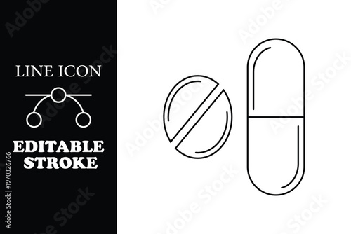 Black line of a capsule and a pill on white background with editable stroke line editable stroke