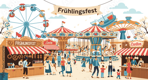 Illustration of a lively fairground with people walking around, featuring a Ferris wheel, carousel, and booths under a banner reading 'Frühlingsfest' with a vibrant and festive mood.