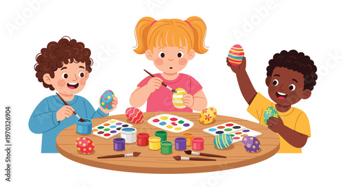 Three diverse children sit around a round wooden table, painting and holding colorful Easter eggs with various art supplies.
