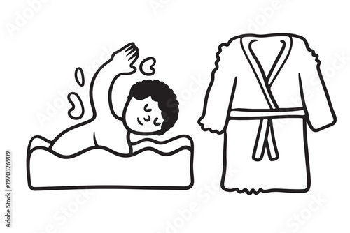 Person swimming in water with a robe with line art with dressing gown with after swimming with changing room