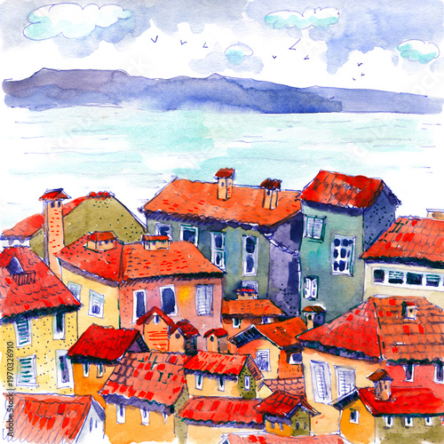 Watercolor Painting of European Rooftops and Lake
