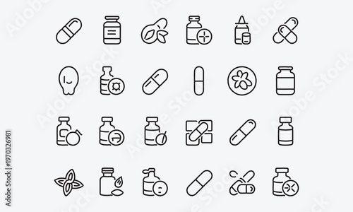 Supplement line icon  Contains icons related to Vitamins and Nutritional Supplements. Vector illustration