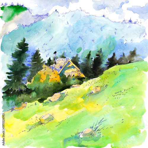 Watercolor Painting of a Cabin in the Mountains
