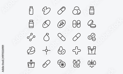 Supplement line icon  Contains icons related to Vitamins and Nutritional Supplements. Vector illustration