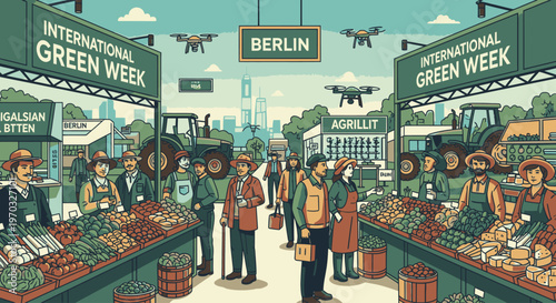 Illustration of people shopping at an outdoor market with signs reading 'International Green Week' and 'Berlin' in a vibrant, cartoonish style with a lively atmosphere.