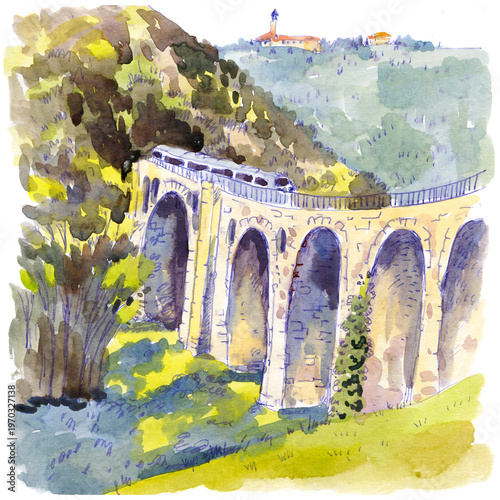 Watercolor Painting of Stone Bridge and Landscape