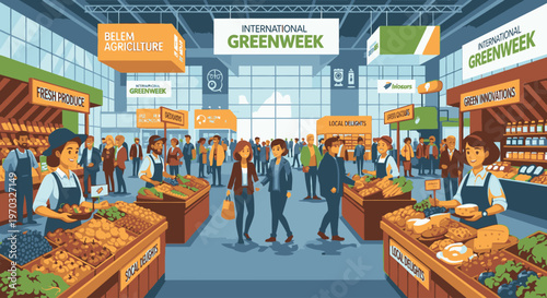 Illustration of a bustling indoor market with people shopping and vendors selling fresh produce under Greenweek banners.