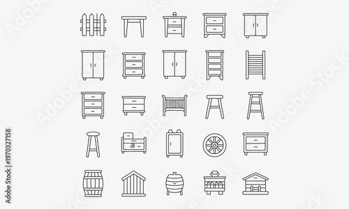 Thin line icon set, fence, table, chest of drawers, wardrobe, dresser, rack, stool, crib, cutting board, wheel, barrel, farm, hive. Vector illustration