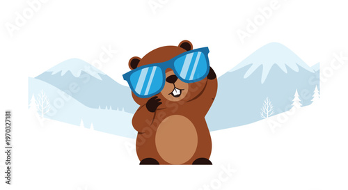 A cartoon groundhog wearing blue sunglasses is standing in front of light blue mountains with snow-capped peaks.
