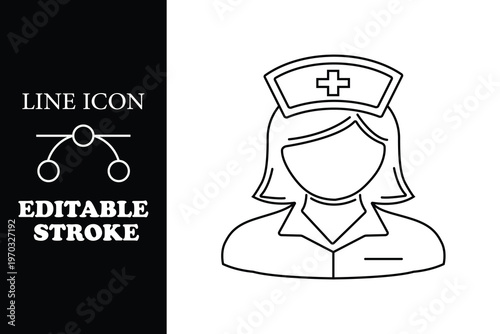 Black line of a female nurse wearing a face mask and nurse cap line editable stroke