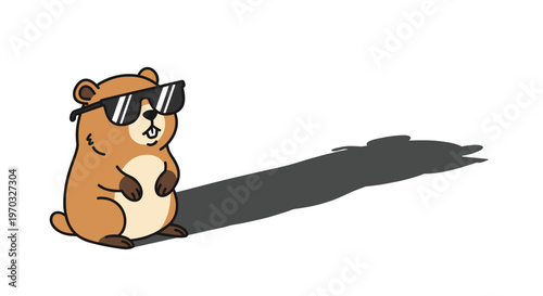 A cartoon groundhog wearing sunglasses is standing and casting a long shadow on a white background.