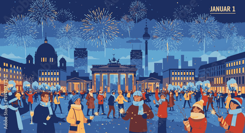 Illustration of a lively crowd celebrating New Year's Eve in front of the Brandenburg Gate in Berlin at night with fireworks and winter clothing.