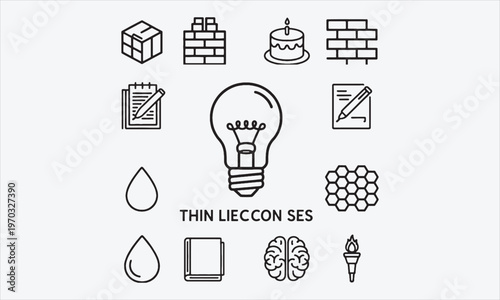 Thin line vector icon set matte light bulb vector, box of bricks, cake, birthday, brickwork, saving, writing accessories, drawing, honeycombs, drop, energy, book on statistics,