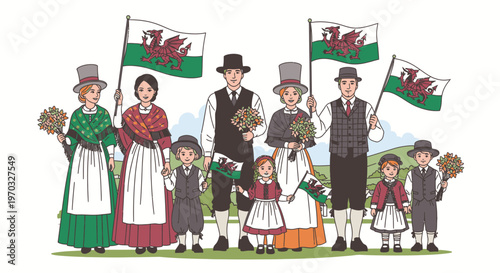 Illustration of a diverse Welsh family in traditional costumes holding bouquets and Wales flags with a green background.