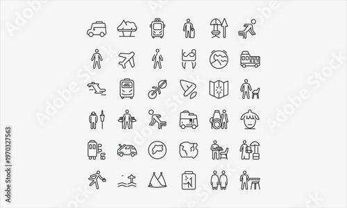 Travel icon set. Travel and vacation icon. Contains Vacation, Tourist, Transport, Camping, Flight, Hiking, Hotel, Map, Dining, Outdoors, and more. Vector illust