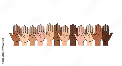 A horizontal line of diverse raised hands with various skin tones is displayed against a plain off-white background.