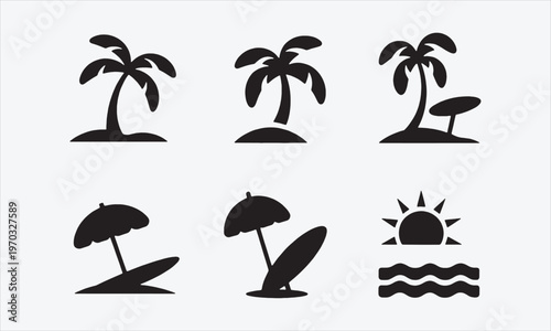 Tropical Beach Silhouette Icons Vector, vector illustration
