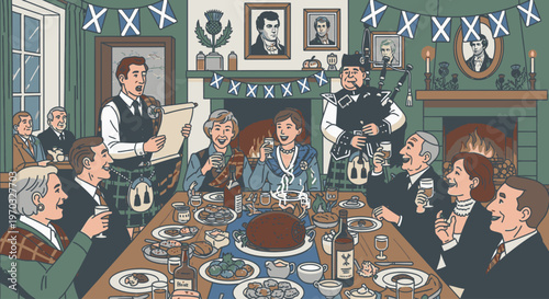 Illustration of people gathered around a dining table with food and drinks in a decorated room with a festive mood.