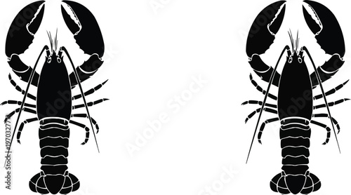 Two black silhouette illustrations of lobsters side-by-side on a white background, graphic resources.