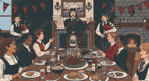 Illustration of a diverse group of people sitting around a table with food and drinks in a cozy room with festive decorations.
