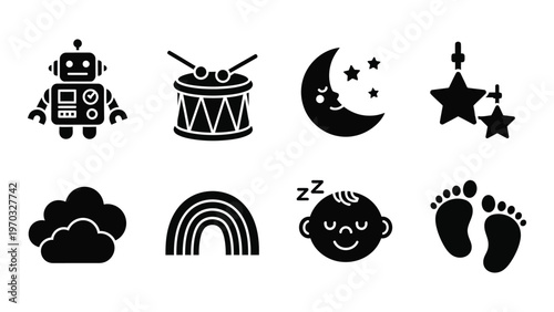 A collection of black silhouette icons depicting baby themed objects like robots drums moons stars and footprints high quality professional detailed