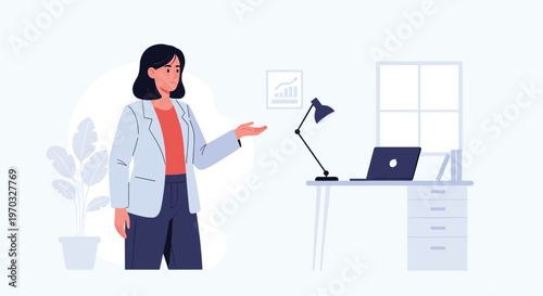 A woman in a white blazer stands with her left hand extended next to a desk with a laptop and lamp in a modern office.