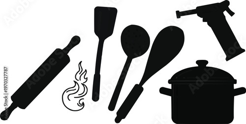 Silhouette set of baking and cooking tools: rolling pin, spatula, spoons, blow torch, and pot.