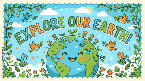 Smiling earth with leaves and birds explore our earth cartoon planet with green land and blue ocean surrounded by flowers and clouds