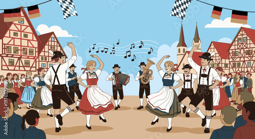 Illustration of traditional German dancers performing in a festive setting with a band and onlookers in traditional attire, against a backdrop of buildings and flags.