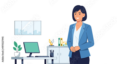 A smiling woman in a blue blazer stands with hands clasped in a modern office with a desk, computer, and cabinet.
