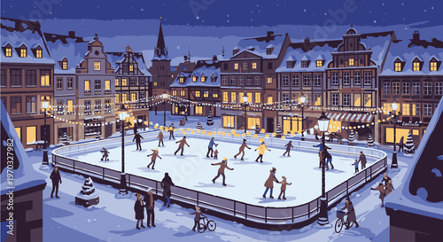 Pixel art illustration of people ice skating on an outdoor rink surrounded by buildings and streetlights in a snowy town at night with warm lighting.