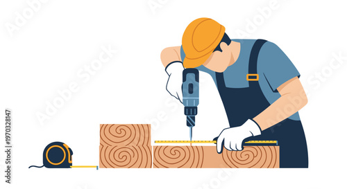 A male worker in a blue uniform and yellow hard hat drills into two stacked wooden planks with a yellow measuring tape.