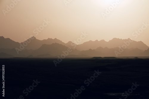 Misty morning sunrise over the mountains. Egypt