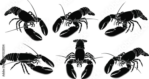 Group of black lobster silhouettes in various poses and angles, highlighting their claws, antennae, and segmented bodies.