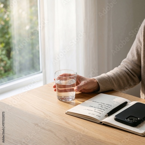 Calm hand holding glass water beside open notebook phone on wooden table by window.