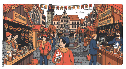 Illustration of a woman and child walking through a bustling outdoor market with food stalls and vendors in a European-style town square.