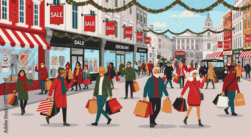 Illustration of people shopping and walking on a festive holiday street with storefronts and decorations.