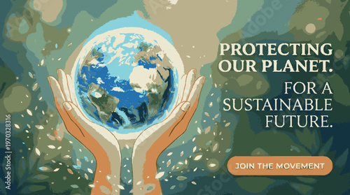 Hands cradling earth globe with sustainable future text and green background